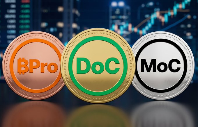 Three cryptocurrency-style coins labeled 'BPro' (orange), 'DoC' (green/gold), and 'MoC' (silver) are displayed against a backdrop of stock market charts.
