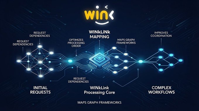 A promotional graphic for WinLink showing a circuit-board style network diagram with a central 'WINkLink Processing Core' mapping 'INITIAL REQUESTS' to 'COMPLEX WORKFLOWS', with the yellow 'WIN' logo at the top.