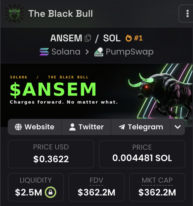 A cryptocurrency token listing page showing 'The Black Bull' ($ANSEM) on Solana/PumpSwap with a price of $0.3622 USD (0.004481 SOL), $2.5M liquidity (locked), $362.2M FDV, and $362.2M market cap, featuring a neon bull mascot and the tagline 'Charges forward. No matter what.'