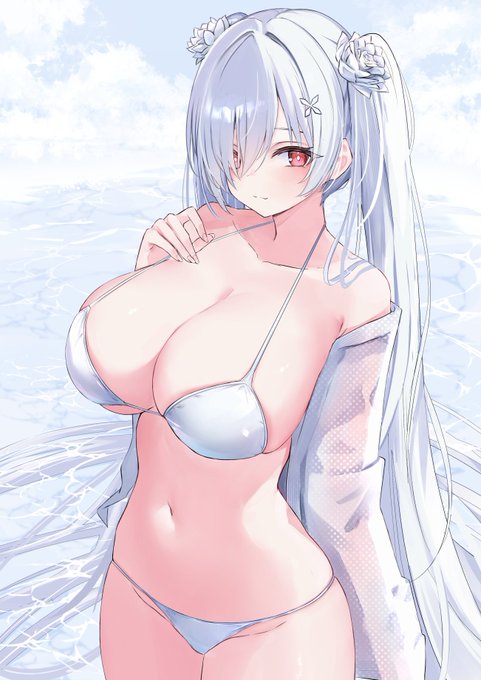 An anime illustration of a silver-haired girl with red eyes wearing a white bikini, standing against a sky-blue water background.