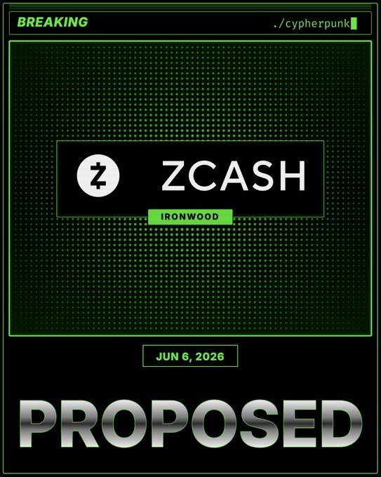 The image features an advertisement for Ironwood, a new type of cryptocurrency wallet that uses the Zcash protocol. The advertisement includes a green background with white dots and text, which reads "BREAKING: Introducing Ironwood, a new shielded pool for Zcash, backed by formal verification and independent audits, proposed by Zcash' core dev teams." The post also mentions that the proposal is scheduled to be presented in late July 2026.