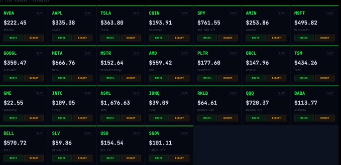 Cryptocurrency/stock trading dashboard displaying 26 tickers including NVDA, AAPL, TSLA, COIN, SPY, AMZN, MSFT, GOOGL, META, MSTR, AMD, PLTR, ORCL, TSM, GME, INTC, ASML, INQQ, RKLB, QQQ, BABA, DELL, SLV, USO, and SGOV, each with prices and QUOTE/BINARY buttons.