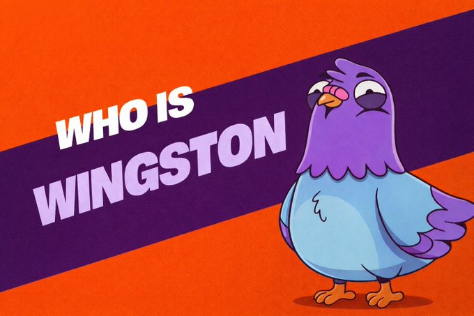 The image features a cartoon bird, likely a pigeon or a bluebird, standing against an orange background with purple stripes. The bird appears to be looking at something off-camera, possibly a camera or another object. The text "Who is Wingston" is written below the bird in white letters. This suggests that the image might be related to a post about the character Wingston from a popular cartoon series or movie.