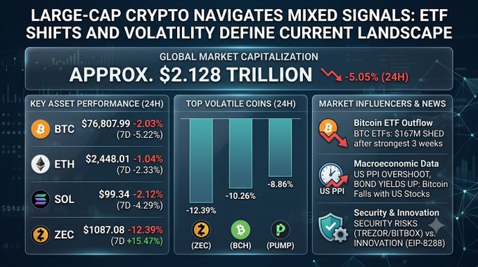 A cryptocurrency market dashboard titled "LARGE-CAP CRYPTO NAVIGATES MIXED SIGNALS" showing global market cap of approximately $2.128 trillion (-5.05% 24H), key assets like BTC ($76,807.99), ETH, SOL, and ZEC, plus top volatile coins and market news.