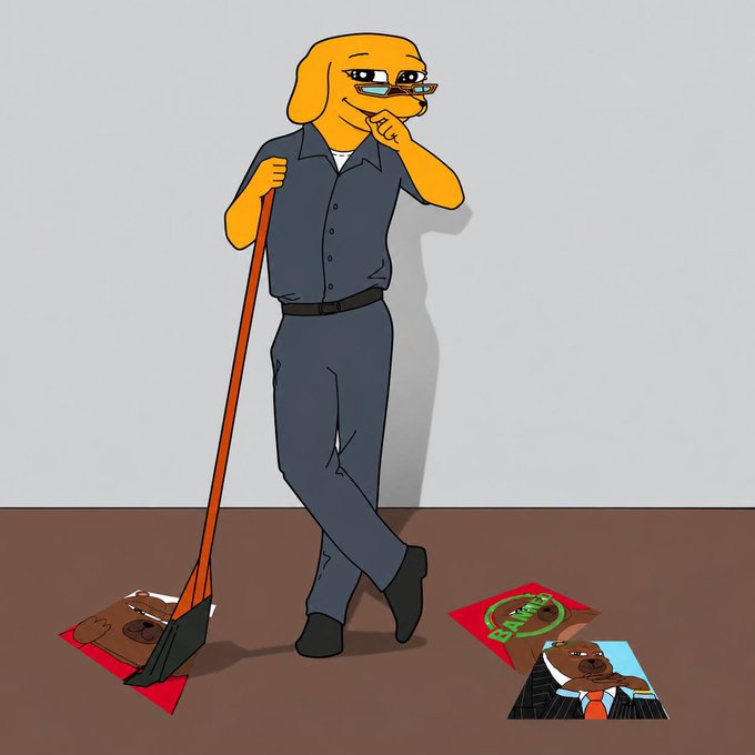 An animated illustration depicts a yellow dog character in a gray shirt and pants holding a broom while looking down at torn pictures of rapper Kanye West scattered on the floor.