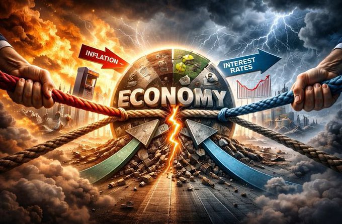 A dramatic conceptual image depicts two hands pulling a rope in opposite directions with an 'ECONOMY' sphere between them, alongside 'INFLATION' and 'INTEREST RATES' arrows.