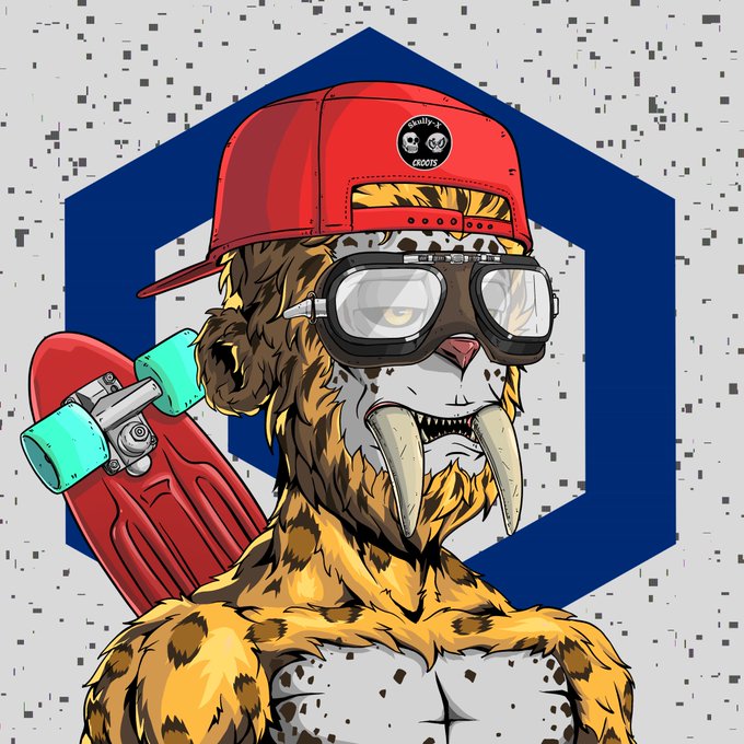 A digital illustration of a saber-toothed tiger-like humanoid creature wearing a red "Stüssy Roots" cap, aviator goggles, and holding a red skateboard, set against a blue hexagonal background.