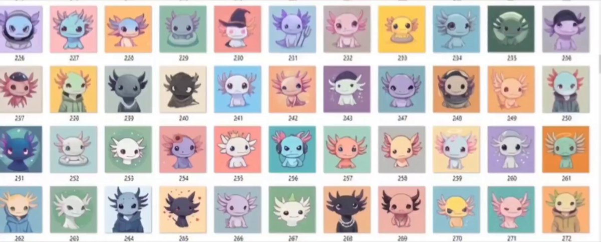 The image features a long row of small cartoon characters, each with their own unique appearance and pose. The characters are arranged in a straight line, creating an engaging visual experience for viewers. The text accompanying the image provides information about the characters' origins and prices, as well as tags related to the post on social media platforms like Instagram or Twitter.