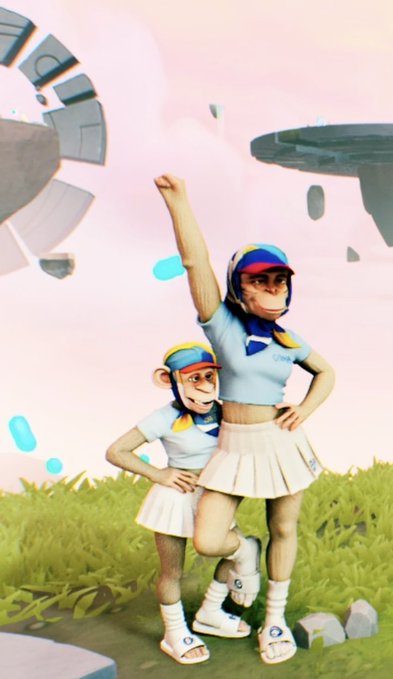 A 3D rendered scene of two anthropomorphic monkey characters wearing blue and yellow athletic outfits with helmets, striking a triumphant pose in a grassy landscape with futuristic structures in the sky.