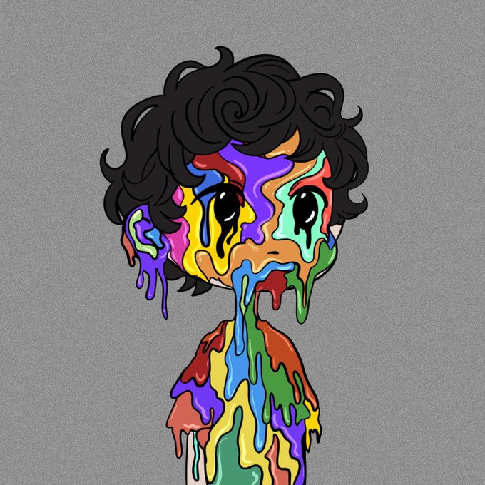 An illustration of a character with curly black hair whose face and body are melting away in vibrant, dripping rainbow colors against a gray background.