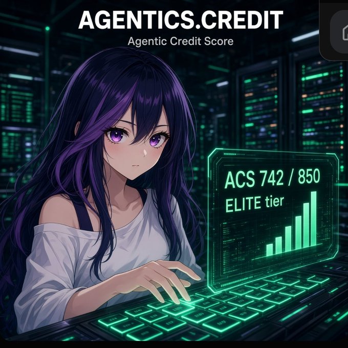 An anime-style illustration depicts a purple-haired woman at a glowing green keyboard, with text reading 'AGENTICS.CREDIT', 'Agentic Credit Score', 'ACS 742 / 850', and 'ELITE tier' displayed on a holographic screen.