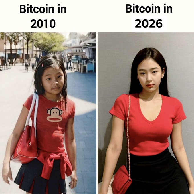 A side-by-side meme comparing 'Bitcoin in 2010' (a young girl in a red Paul Frank shirt) to 'Bitcoin in 2026' (an adult woman in a red top and black skirt), humorously suggesting growth over time.