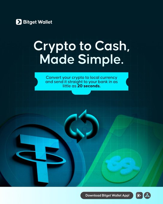 A Bitget Wallet promotional advertisement reading 'Crypto to Cash, Made Simple' promoting conversion of crypto to local currency sent to bank in as little as 20 seconds, featuring a Tether (USDT) coin graphic.