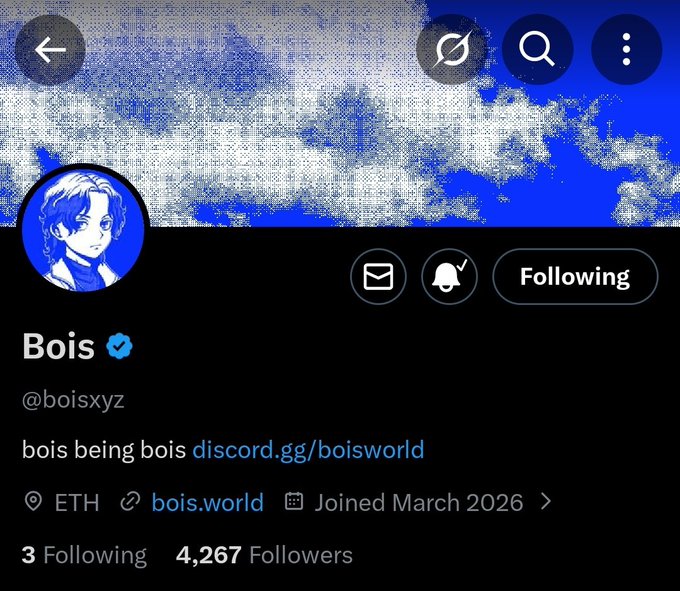 The image shows a social media post with a blue background featuring a cartoon character, likely a boy or girl, wearing a hat. The post has a caption that reads "Bois being Bois world" and includes a link to a Twitter account named @boisxyz. The post also mentions the hashtag #boisworld and the date of March 26, 2026.