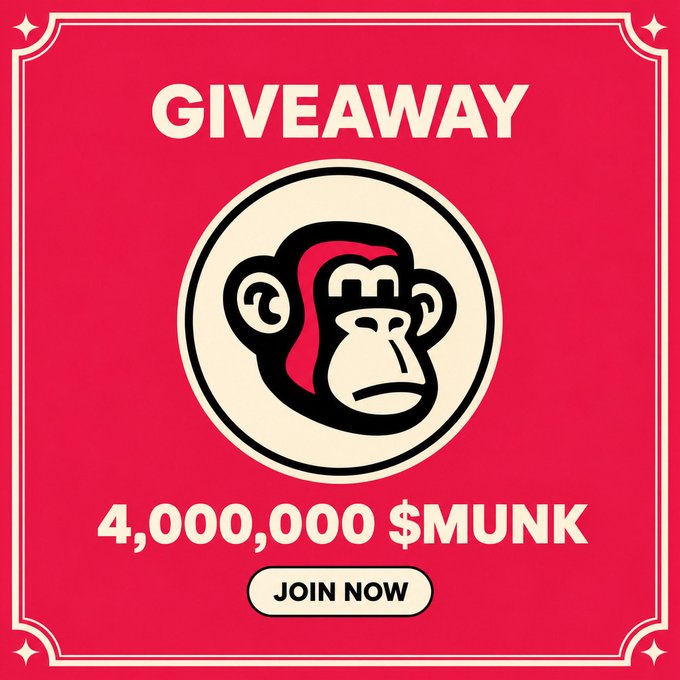 A red giveaway graphic featuring a stylized monkey logo with the bold text "GIVEAWAY" at the top and "4,000,000 $MUNK" below, accompanied by a "JOIN NOW" call-to-action button. The image promotes the giveaway details described in the post, advertising 4 million $MUNK tokens distributed as 350 USDT to the first 2,000 participants who follow @winmunk, like, retweet, and comment with their $SOL address.