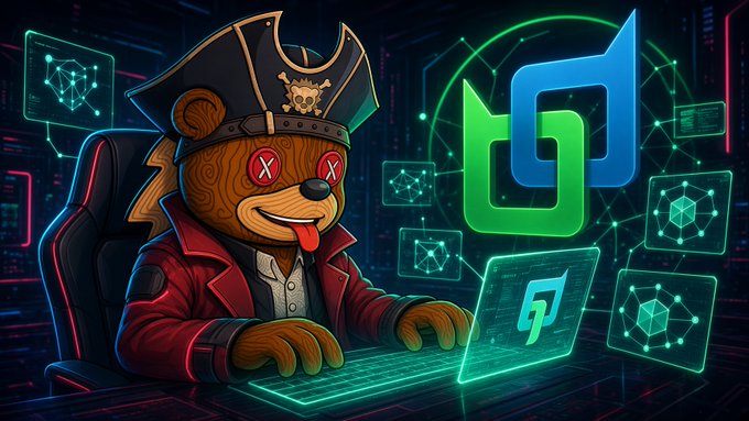 An AI-generated illustration of an anthropomorphic bear dressed as a pirate with an eye patch and hat, sitting at a laptop with the Uniswap (UNI) logo prominently displayed.