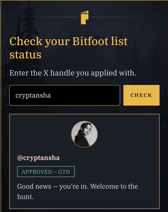 Screenshot of a 'Check your Bitfoot list status' page showing that handle @cryptansha has been 'APPROVED – GTD' with a welcome message.