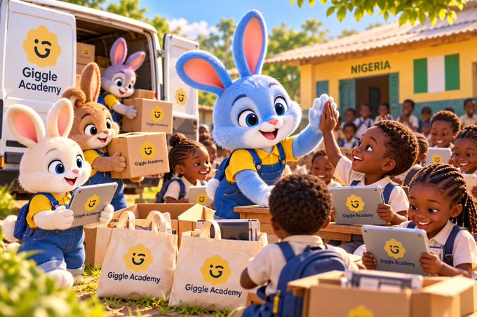 An AI-generated illustration showing animated blue and brown rabbits in yellow shirts from 'Giggle Academy' distributing tablets, boxes, and bags to smiling children outside a building labeled 'NIGERIA'.