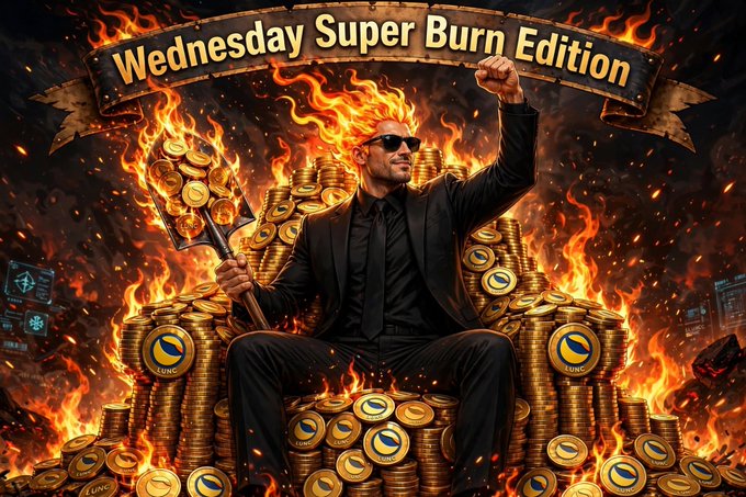 A man in a black suit and sunglasses sits on a throne of gold coins, holding a trident amid flames, under a banner reading 'Wednesday Super Burn Edition'.
