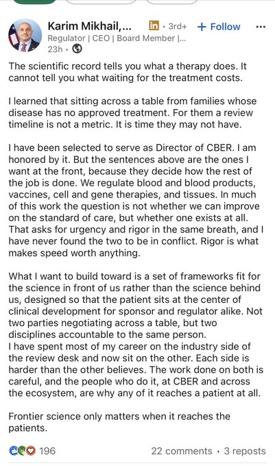 The image shows a LinkedIn post by Karim Mikhail, Regulator/CEO/Board Member with 23h timestamp, discussing the tension between scientific rigor and urgency in CBER's work on blood products, vaccines, cell/gene therapies, and tissues, emphasizing that "rigor is what makes speed worth anything." The accompanying post tags @houmanhemmati and @Elijahjstacy with the ticker $capr, suggesting the discussion relates to Capricor Therapeutics ($CAPR) and its regulatory journey with the FDA under CBER.