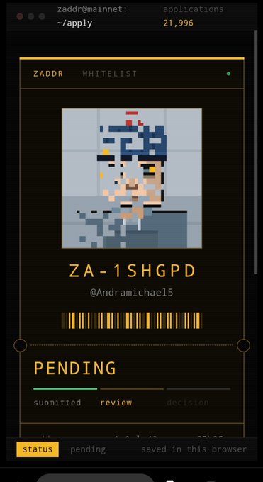 Screenshot of a terminal application showing a ZADDR whitelist entry with ID "ZA-1SHGPD" by @Andramichae15, displaying pixel art of a character wearing a crown, with status marked as "PENDING" in the review stage.