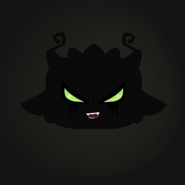 A dark, stylized logo of a creature with glowing green eyes and fangs set against a black background.