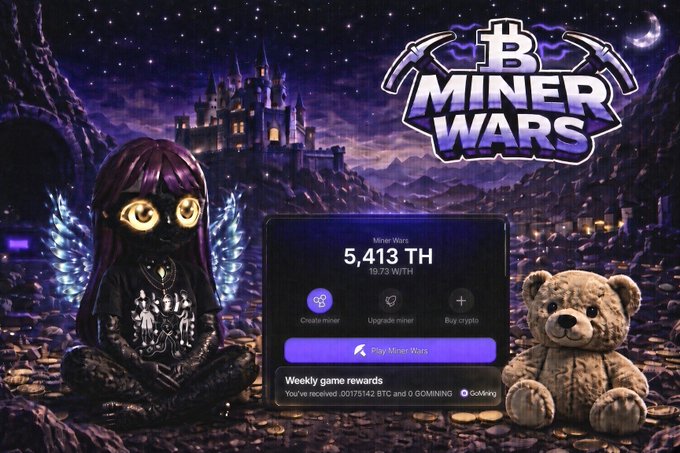 An advertisement for the game 'Miner Wars' showing an anime-style character with glowing eyes sitting next to a teddy bear and a screen displaying '5,413 TH' mining rewards.