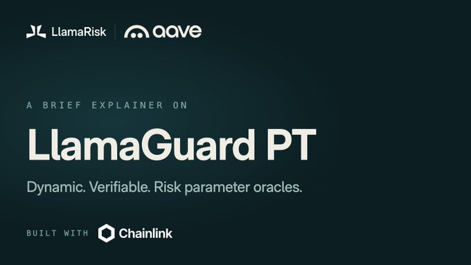 A dark promotional graphic introduces "LlamaGuard PT" with the tagline "Dynamic. Verifiable. Risk parameter oracles." It features co-branding from LlamaRisk and Aave at the top, notes the project is "BUILT WITH Chainlink," and aligns with the announcement of an automated, onchain risk oracle for Pendle PT collateral on Aave using Chainlink's infrastructure.