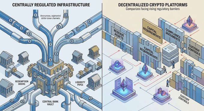 An infographic comparing 'Centrally Regulated Infrastructure' (depicted as pipes from a central bank vault) with 'Decentralized Crypto Platforms' (shown as companies facing rising regulatory barriers like capital and compliance requirements).