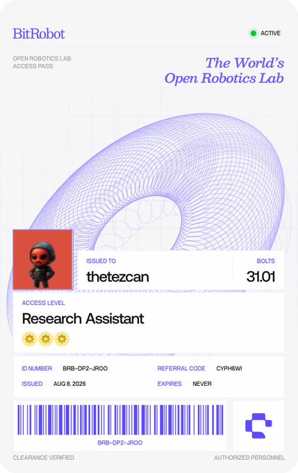 A digital access pass for 'BitRobot - The World's Open Robotics Lab' issued to 'thetezcan' with 'BOLTS 31.01' and an access level of 'Research Assistant', valid from AUG 8, 2026.