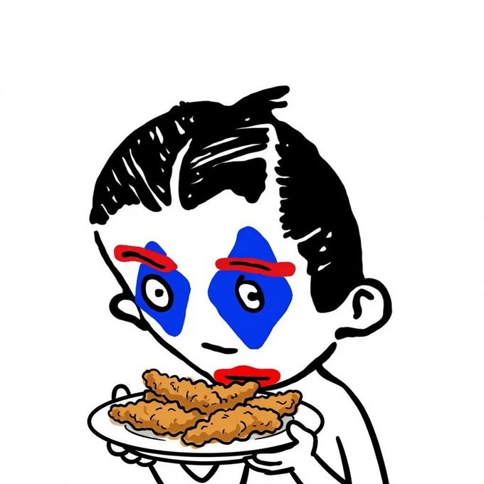 A cartoon drawing of a pale-faced figure with dark hair, red lips, and blue eye markings holding a plate of fried chicken.
