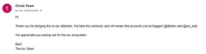 A screenshot of an email from "Circle Team" stating they will review flagged accounts @8bitarc and @arc_bat.

The image shows Circle's response to community reports of accounts misusing the "Arc" brand name on Twitter, with the user noting that Arc has already suspended 10+ such accounts and warning others to follow their community guidelines to avoid having their smart contracts disabled.