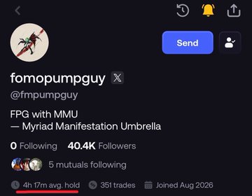 A social media profile for 'fomopumpguy' (@fmpumpguy) with the bio 'FPG with MMU — Myriad Manifestation Umbrella'. The account shows 0 following, 40.4K followers, 5 mutuals following, 351 trades, and joined Aug 2026.