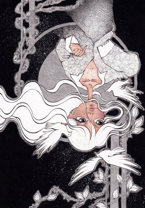 A black-and-white manga-style illustration of an inverted figure with flowing hair and patterned clothing, accompanied by white birds and decorative chain elements against a dark background.