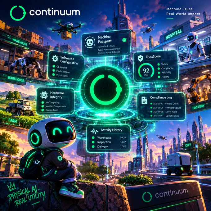 A futuristic digital poster for 'continuum' featuring a robot, drones, and various UI panels including 'Machine Passport', 'TrustScore 92/100', 'Hardware Integrity', 'Compliance Log', and 'Activity History', with text 'Machine Trust. Real World Impact.' and 'PHYSICAL AI REAL UTILITY'.