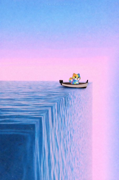A cute digital illustration of a cartoon dog character wearing a life vest, sitting in a small boat at the edge of a pastel blue and pink waterfall.