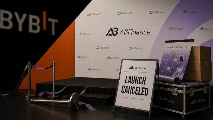 An event stage with BYBIT and ABFinance branding displays a "LAUNCH CANCELED" sign, along with knocked-over stanchions and a discarded hammer, suggesting a cancelled crypto or finance event.