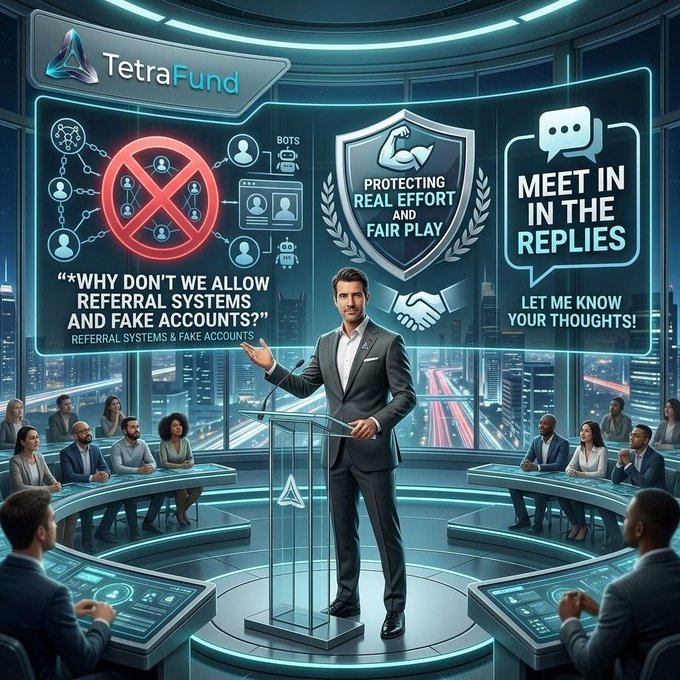 The image shows a futuristic studio setting with a presenter standing at a podium branded with the "TetraFund" logo, addressing an audience seated at curved desks. Large screens behind him display key messaging including "WHY DON'T WE ALLOW REFERRAL SYSTEMS AND FAKE ACCOUNTS?", a "PROTECTING REAL EFFORT AND FAIR PLAY" shield graphic, and "MEET IN THE REPLIES - LET ME KNOW YOUR THOUGHTS!" alongside visuals of banned bots and a handshake symbol, visually reinforcing the post's call for fairness in the Web3 space.