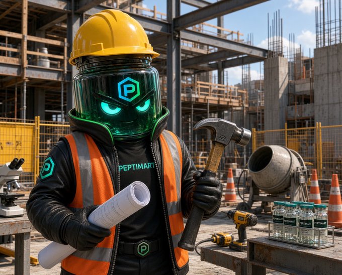 An AI-generated image of a futuristic construction worker wearing a yellow hard hat, orange safety vest, and a robotic helmet with glowing teal eyes bearing a 'P' logo (PEPTIMAX), holding a hammer and rolled-up plans at a building site.