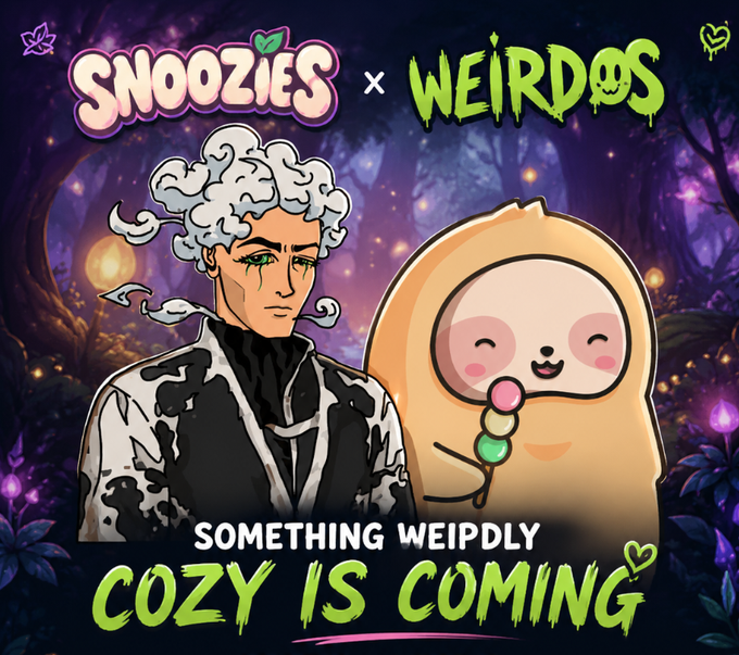 Promotional artwork for a 'Snoozies x Weirdos' collaboration featuring an anime character with white hair and a sloth mascot, with text 'SOMETHING WEIRDLY COZY IS COMING'.