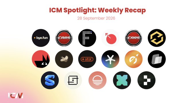 A graphic titled "ICM Spotlight: Weekly Recap" dated "28 September 2026" displaying a grid of 18 circular cryptocurrency and project logos.