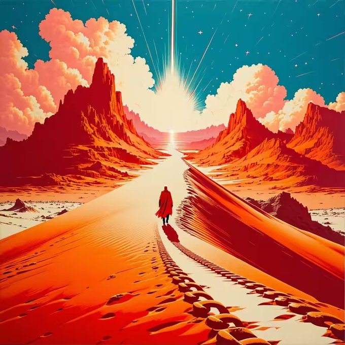 The image features a man walking through a desert landscape, with a large mountain range in the background. The sun is shining brightly above them, casting light onto their path as they journey across the sandy terrain. The caption "Paradise beckons" suggests that this scene might be part of an advertisement or promotional material for a vacation destination, inviting viewers to imagine themselves exploring the beautiful desert landscape and experiencing the serenity and tranquility it offers.

The image is predominantly red in color, with the man's clothing standing out against the sandy background. The sun shining brightly illuminates the scene, highlighting the path they are walking on and casting shadows that add depth to the image. Overall, the image evokes a sense of adventure and exploration, inviting viewers to imagine themselves embarking on a journey through this picturesque desert landscape.