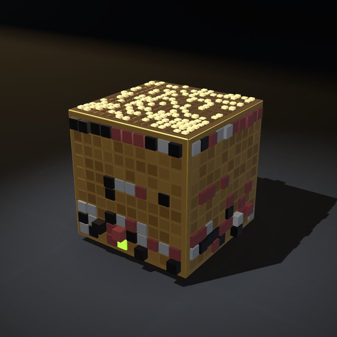 A 3D voxel-style cube resembling a blocky character or creature with pixelated patterns on a dark background.