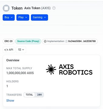 A screenshot of Etherscan showing the Token Axis Token (AXIS) contract page on Base, displaying a max total supply of 1,000,000,000 AXIS with 1 holder, aligning with the post's mention of the $AXIS contract deployment and tokenomics ahead of a potential TGE.
