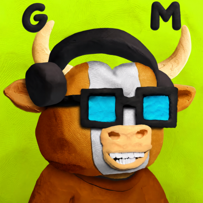 A claymation-style orange cow character wearing black square glasses and black headphones, with a wide toothy smile, against a green background with 'G' and 'M' letters above.
