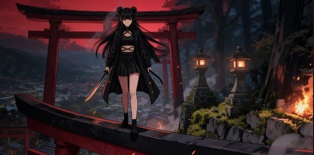 An anime-style illustration of a dark-haired female character with twin buns standing on a red bridge holding a sword, set against a red torii gate, traditional stone lanterns, and a cityscape at dusk.