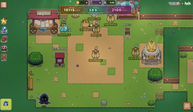 Axie Infinity gameplay screenshot showing an Axie board with player usernames, currencies (10115 USD, 389 USD, 2100 USD), and an AERCARD NFT on the right side.