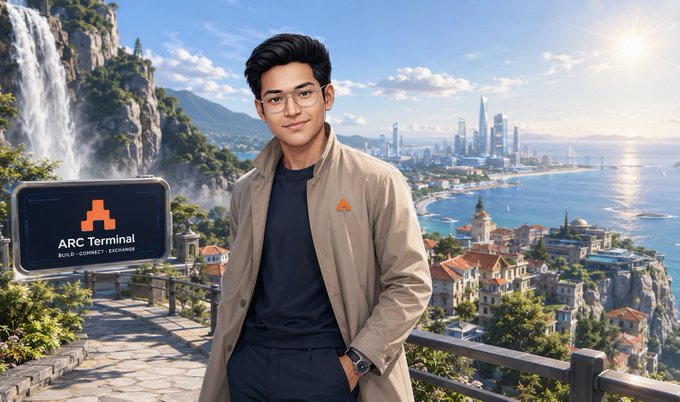 A digitally illustrated portrait of a young man wearing glasses and a tan jacket stands before a scenic coastal city view, with an "ARC Terminal" logo badge in the lower left.