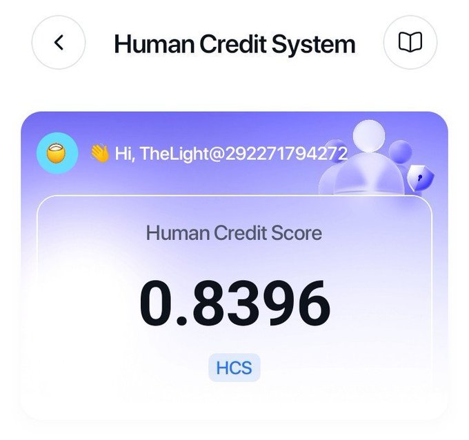 A screenshot of the 'Human Credit System' app showing a greeting 'Hi, TheLight@292271794272' and a Human Credit Score of 0.8396 labeled 'HCS'.