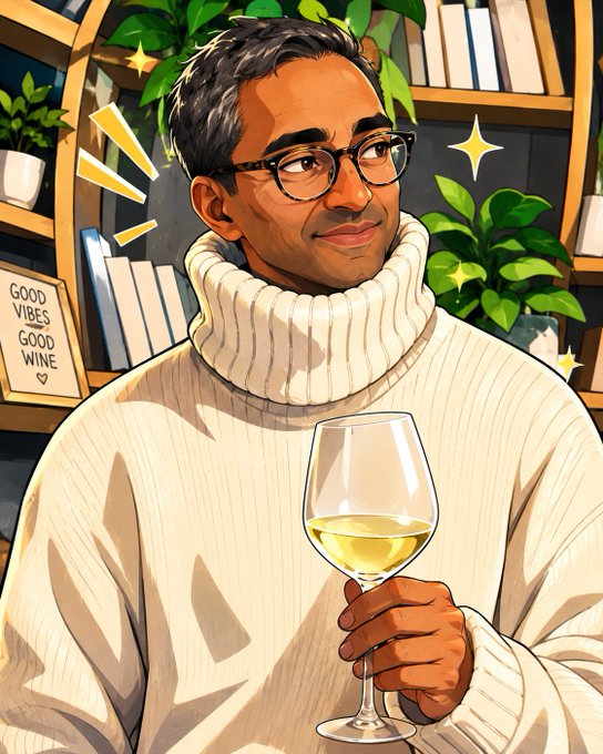 An illustrated portrait of a smiling man with glasses wearing a cream-colored turtleneck sweater, holding a glass of white wine, with a background featuring bookshelves, plants, and a sign reading 'GOOD VIBES GOOD WINE.'
